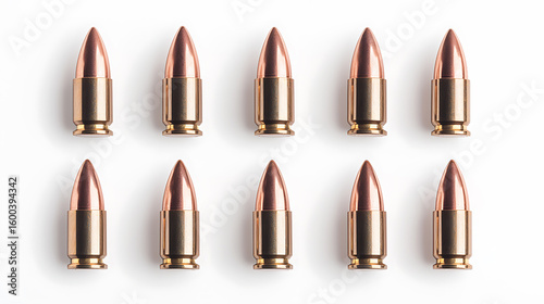 Ammunition arrangement: Ten cartridges in a precise formation, reflecting uniformity and preparation on a clean white backdrop.