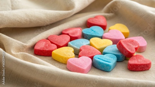 Assorted Colorful Candy Hearts Spread Across Soft Beige Fabric