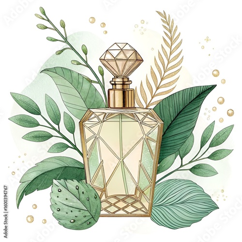 A watercolor illustration of a perfume bottle surrounded by green leaves