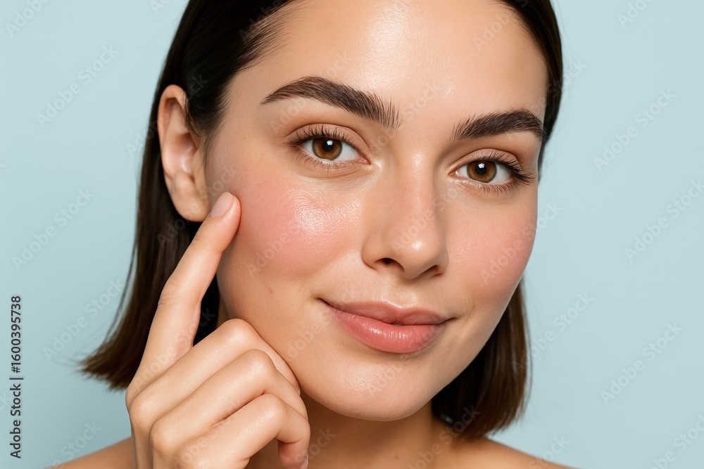 Woman touches her cheek in a clean beauty skincare portrait, highlighting her youthful glow, healthy skin, and the essence of simple, natural radiance. Woman touches her cheek in a clean beauty skincare portrait, highlighting her youthful glow, healthy skin, and the essence of simple, natural radiance.