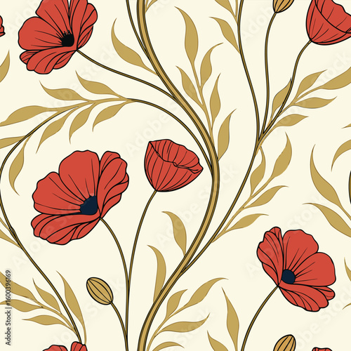 Elegant red poppies and golden leaves seamless pattern on a creamy background