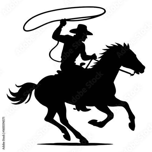 Dynamic Cowboy on Horseback Roping Silhouette - Western Sport Vector