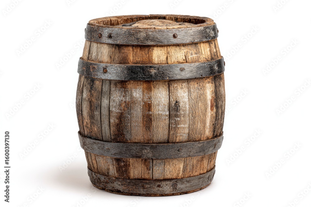Obraz premium Weathered wooden barrel with metal bands on a white background