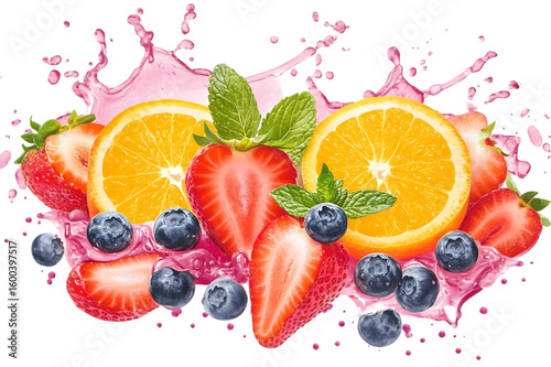 Vibrant Splash of Fresh Fruits in Motion with Strawberries, Blueberries, and Citrus on Pink Liquid Background