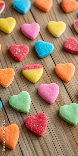 Assorted Colorful Candy Hearts Spread Across Soft Beige Fabric