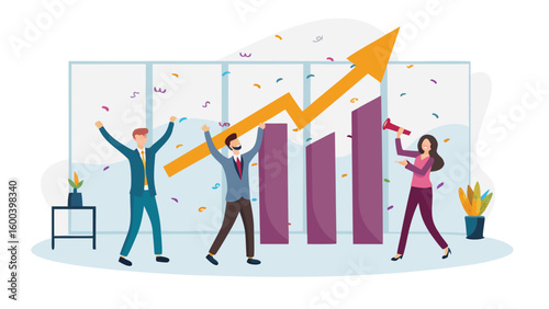 Team celebrating success with rising bar graph and arrow in a confetti filled office space scene