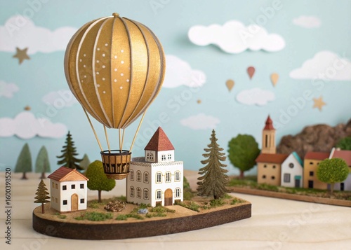 Miniature Cityscape with Glowing Golden Hot Air Balloon Floating Above