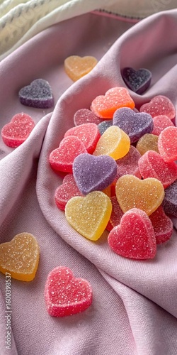 Assorted Colorful Candy Hearts Spread Across Soft Beige Fabric