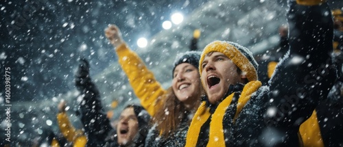 Passionate Fans Celebrating in Snowy Stadium