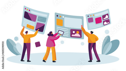 People collaborating on web design holding website mockups and tablet for feedback and development