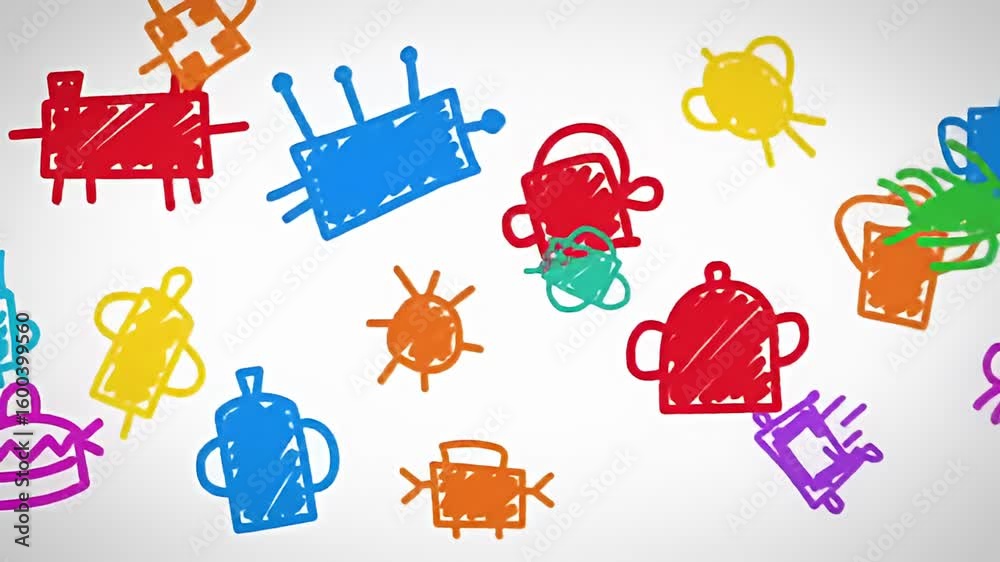 Childlike drawings of various shapes and objects in bright colors