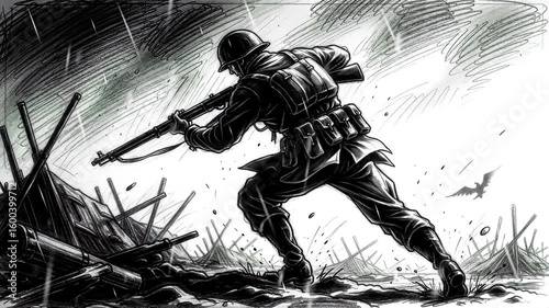 Soldier runs through a battlefield in the rain, depicted in a sketch style