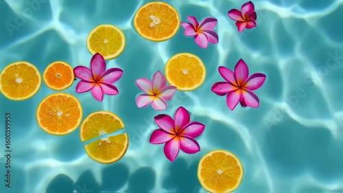 Tropical Refreshment: Citrus Slices and Frangipani Flowers Floating in Clear Water
