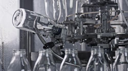Glass bottles are being rinsed and cleaned by an automated machine on a conveyor belt in a dairy factory, preparing them for filling with milk or other beverages