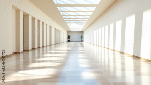 Serene Minimalist Corridor: Sunlight Streaming Through Skylights in a Modern White Hallway