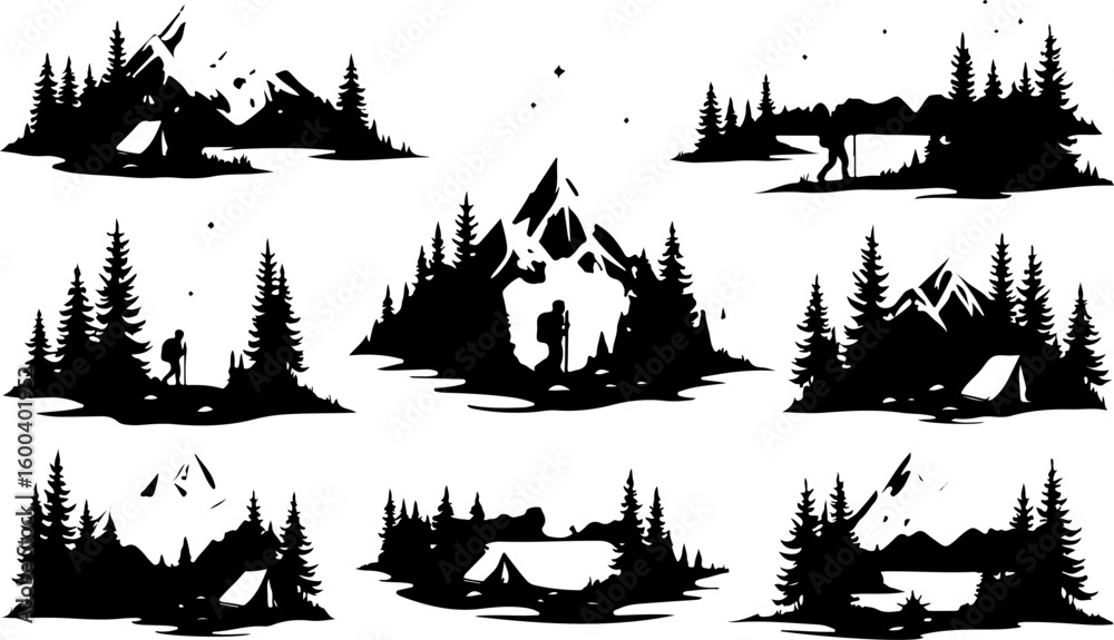 Obraz premium hiking, man mountains, nature, forest, vector bundle