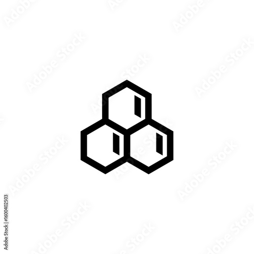 Minimalist black icon of three interconnected hexagons. Abstract geometric design for various concepts