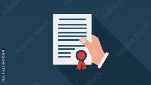 Image shows a hand holding a certificate with a red seal against a dark blue background