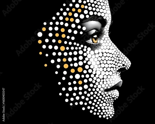 A stylized portrait depicts a side view of a human face
