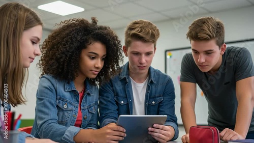 Group of diverse teenage students working together on a digital tablet in a classroom. High school friends collaborating on a project. Modern education and technology.