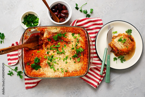 Greek moussaka in a  frying pan . top veiw