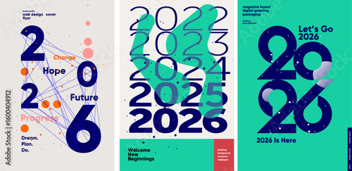 Bold geometric posters with the year 2026 in focus. Keywords like future, change, progress, and greetings highlight modern design for banners, covers, and digital layouts.