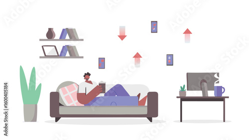 Person reading a book on a couch in a room with a desk, shelves, and floating arrows and phones