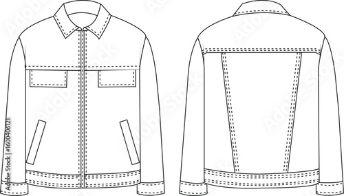 Denim Jacket Front & Back View | Technical Fashion Illustration | Flat Apparel Template CAD | Long Sleeve Outerwear Design