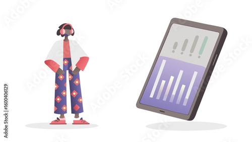 Person with headphones standing next to a tablet displaying a graph and signal strength icons