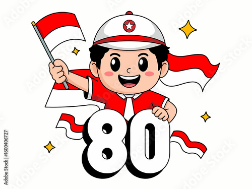 Cartoon boy holding Indonesian flag celebrates 80th anniversary.
