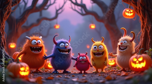 A cute yet spooky Halloween scene featuring chibi-style monsters, surrounded by glowing Jack-o'-lanterns in a magical forest