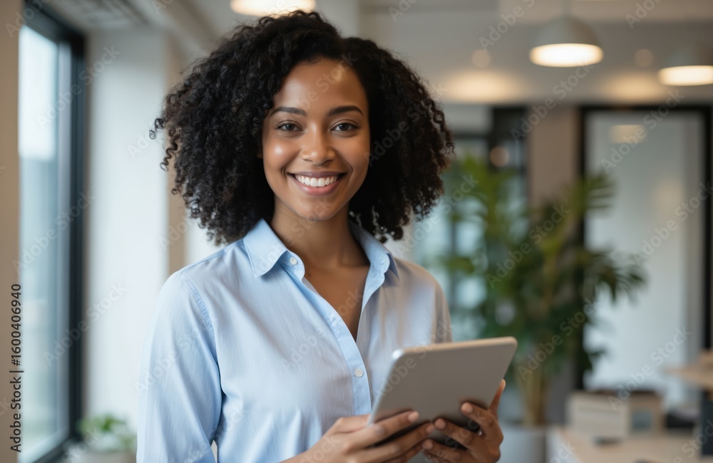 Smiling African American businesswoman holds tablet in modern office. Confident, stylish professional uses tech at her desk. Focus on career success, leadership in contemporary corporate workspace. Smiling African American businesswoman holds tablet in modern office. Confident, stylish professional uses tech at her desk. Focus on career success, leadership in contemporary corporate workspace.