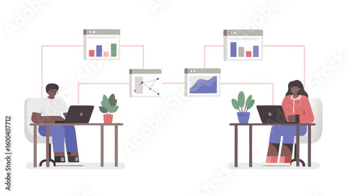 Two people working on laptops connected to data visualizations in a distributed environment setup