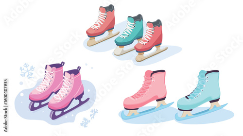 Isometric flat vector illustration of pastel-colored ice skates, festive and stylish design for winter sports, skating, holiday activities, and seasonal celebrations, featuring clean minimalist style 