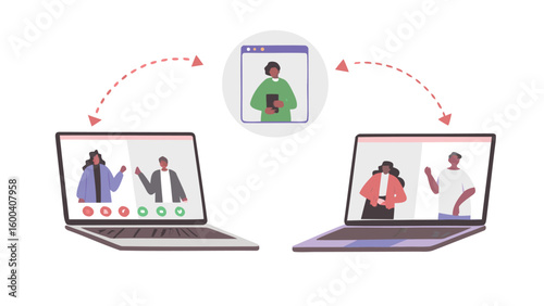 Illustration of two laptops connected via video call with a central participant shown in a circle