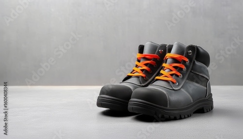 Black Safety Work Boots with Yellow Laces on Gray Background
