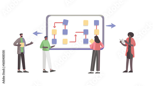 People collaborating on a flowchart with blue and yellow blocks and red arrows on a white board