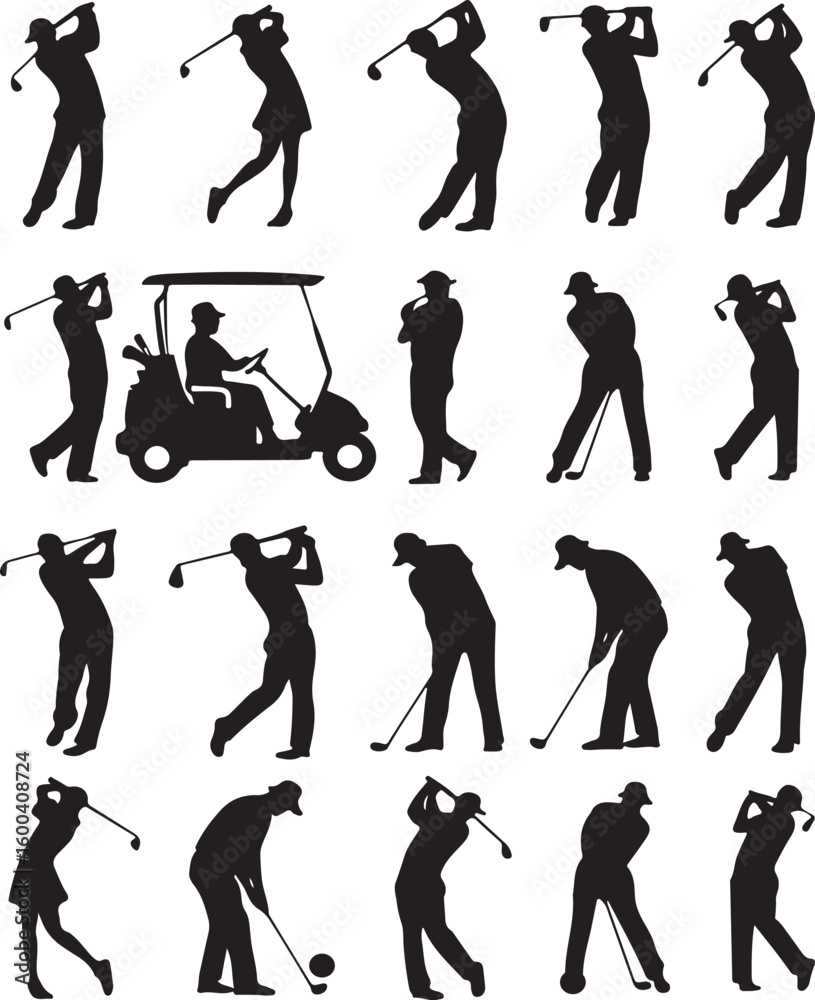 Obraz premium Black and white illustration of various poses of golfers' silhouettes