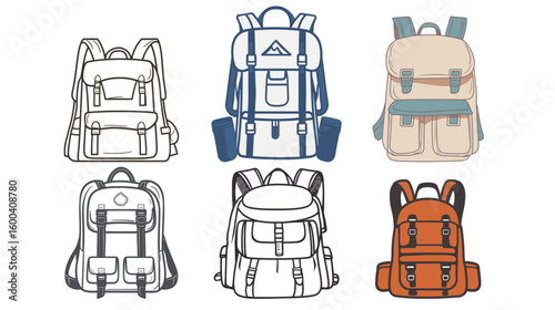Line art vector illustration of a hiking backpack with multiple compartments and straps, designed for outdoor adventure, camping, trekking, and travel, featuring detailed minimalist style 