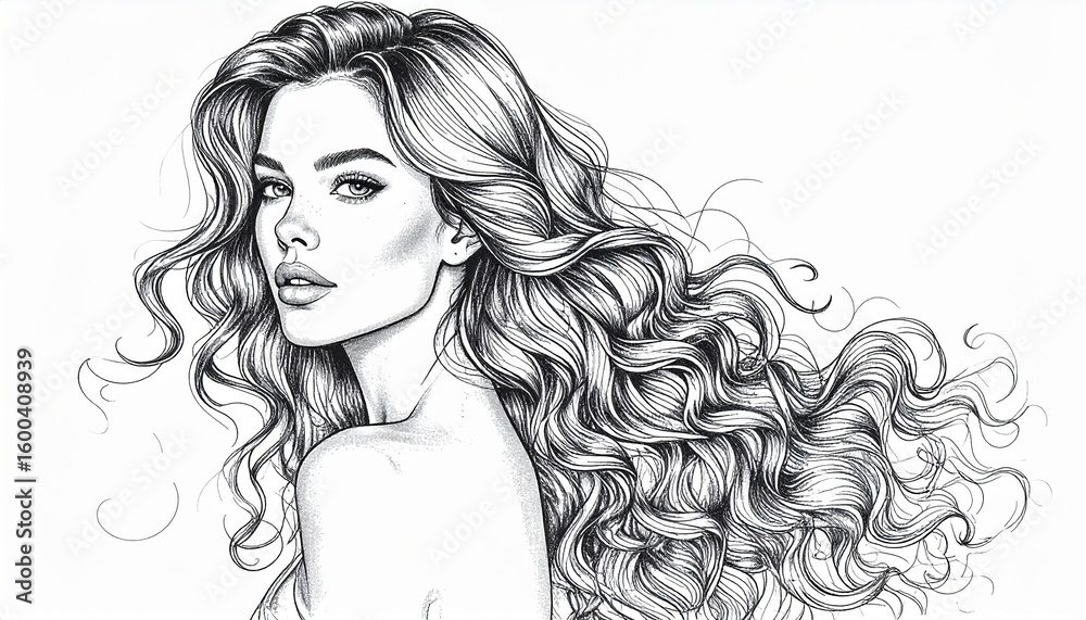 Fototapeta premium Black and white sketch of beautiful young woman with long curly hair. Female beauty. Hand drawn