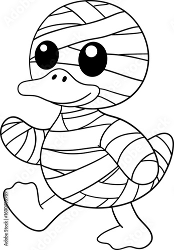 halloween mummy duck wrapped in bandages in cute outline cartoon coloring style