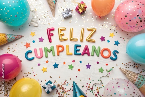 Vibrant Multicolor 'Feliz Cumpleaños' Birthday Greeting Card with Text, Matching Hearts, and Glitter Confetti on Light Gradient Background 