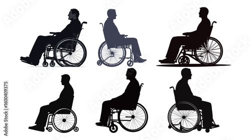Side view vector graphic design of a man in a wheelchair, illustrating accessibility and mobility with clear silhouette style, symbolizing inclusion, disability awareness, healthcare, independence, 
