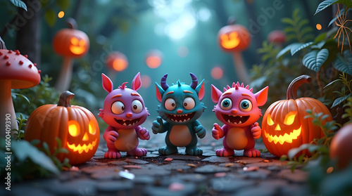 A cute yet spooky Halloween scene featuring chibi-style monsters, surrounded by glowing Jack-o'-lanterns in a magical forest