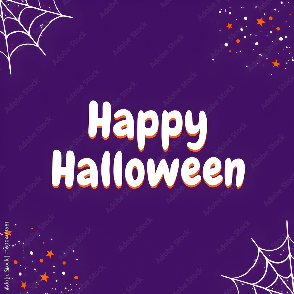 Fototapeta premium Happy Halloween greeting card design featuring white and orange text on a deep purple background with white spiderwebs and orange and white confetti stars in the corners
