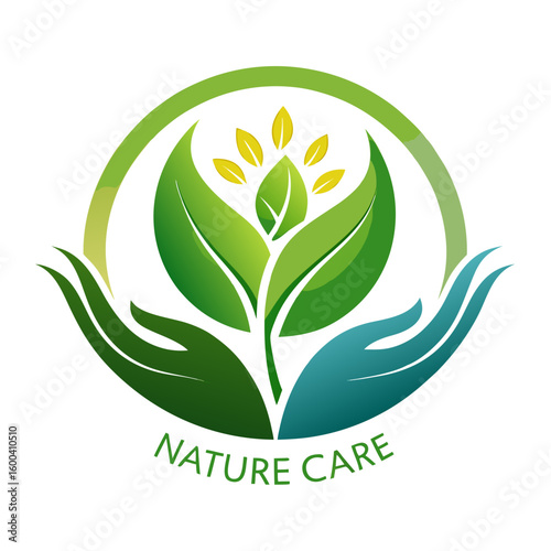 Green logo with hands caring for a growing plant and the words nature care