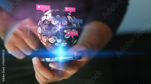 Person Using Smartphone with Social Media Graphics