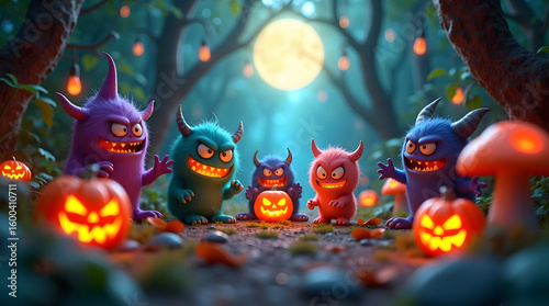 A cute yet spooky Halloween scene featuring chibi-style monsters, surrounded by glowing Jack-o'-lanterns in a magical forest