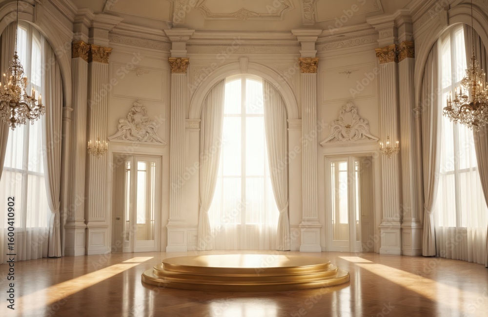 Obraz premium Elegant ballroom featuring golden podium, mirrored reflections. Grand architecture with ornate columns, large windows with sheer curtains, crystal chandeliers creates luxurious atmosphere for events.