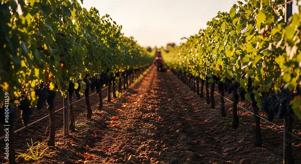 Obraz premium Vineyard rows stretching into the distance under golden sunset light, with a worker visible in the middle ground.